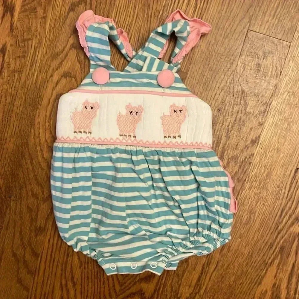 Three Sisters pig smocked striped romper size Newborn